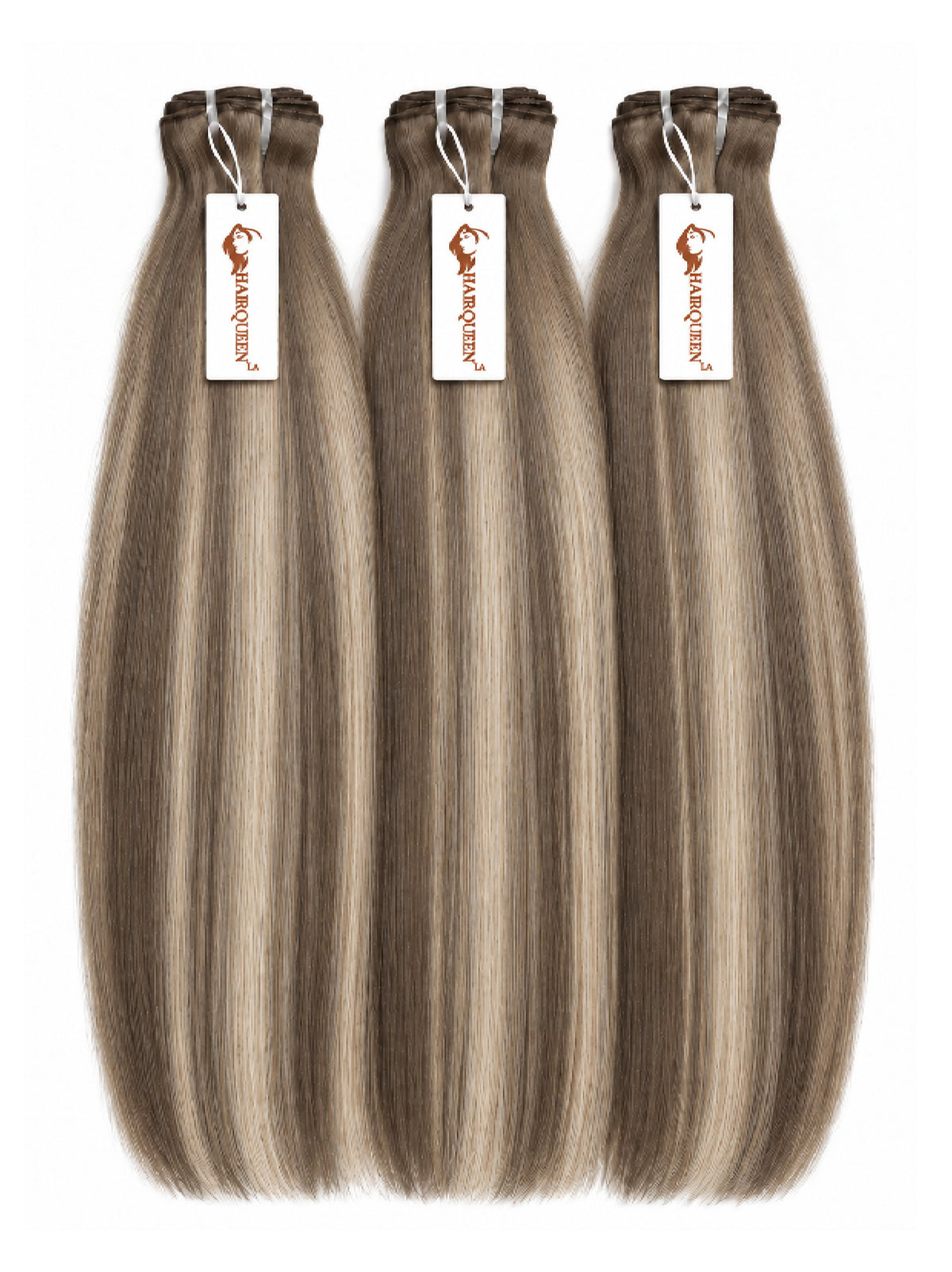Highlighted hair bundles with straight taupe-brown strands, three wefts with hanging labels