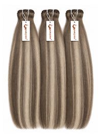 Highlighted hair bundles with straight taupe-brown strands, three wefts with hanging labels
