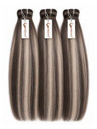 Three hair bundles with straight dark brown and gray highlights, with tags