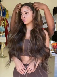 Medium brown long wavy wig with side-swept volume and natural shine