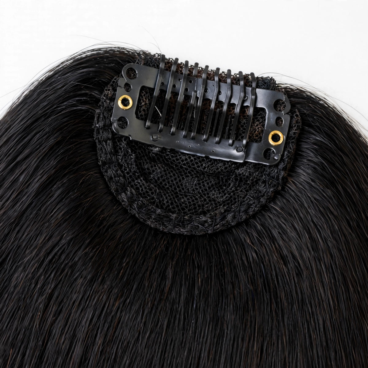 Clip-in hair bangs, black straight fringe with black mesh base and comb clips