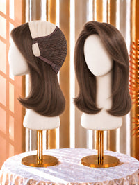 Medium-dark brown wig with side part, shoulder-length layered bob, on a mannequin head