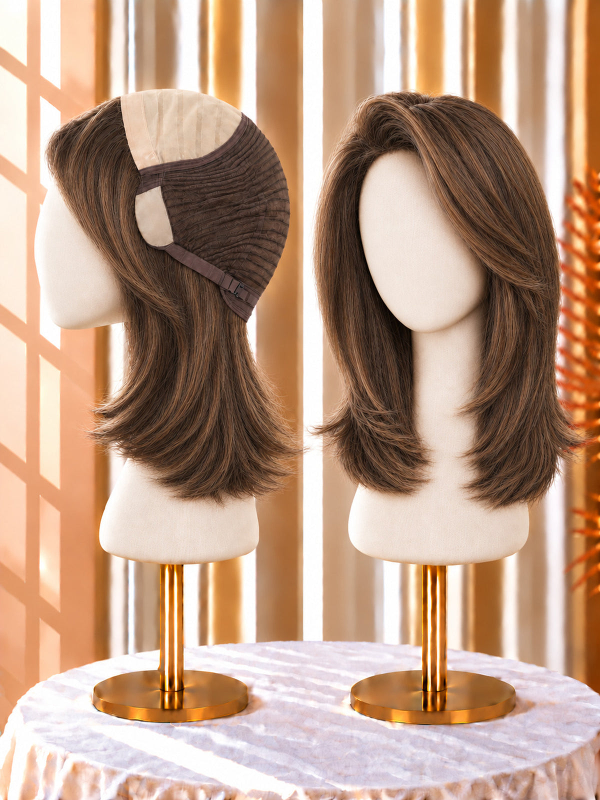 Dark brown wig with side part, shoulder-length layered bob, on a mannequin head