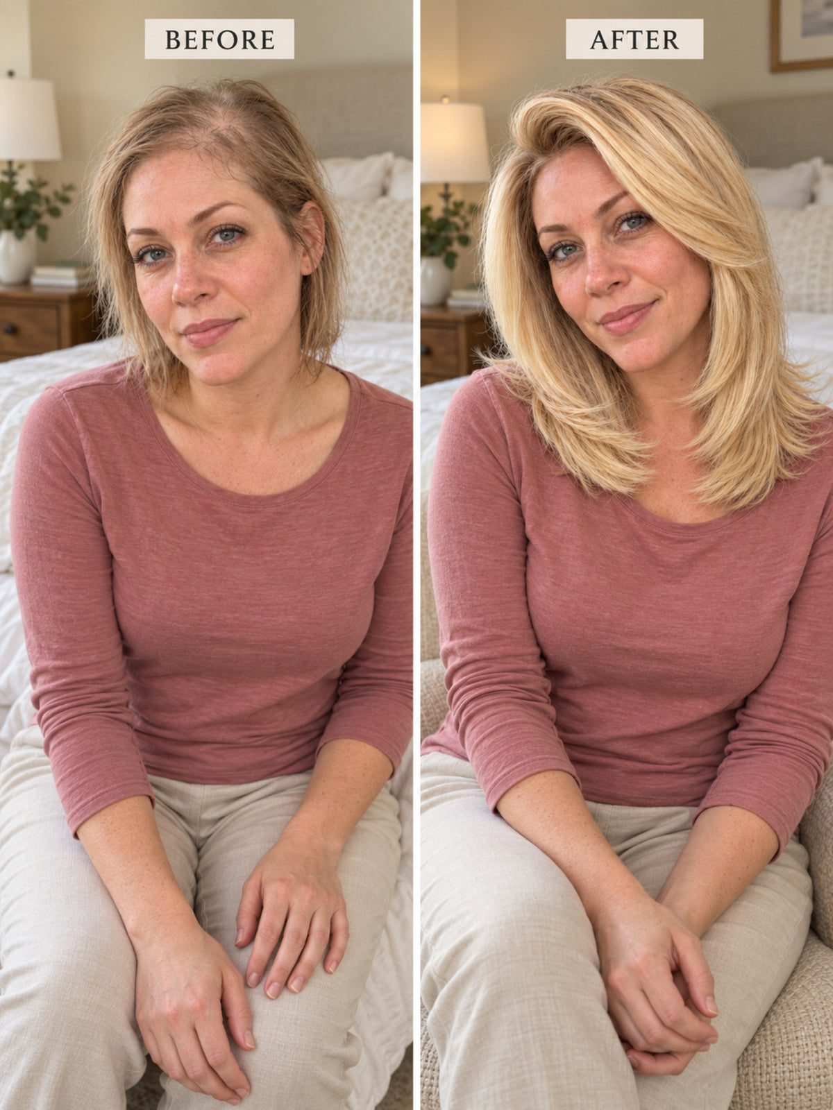 Blonde shoulder-length wig on a model, side-parted, shown with a darker hair view