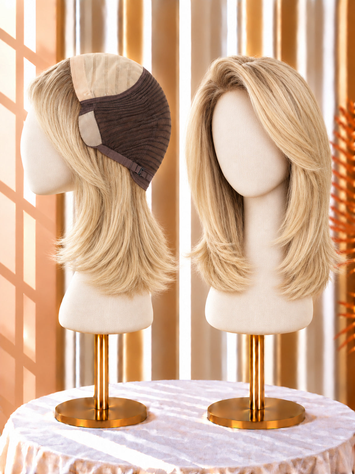 Two-tone light blonde wig with dark root, shoulder-length layers, side-parted on a mannequin