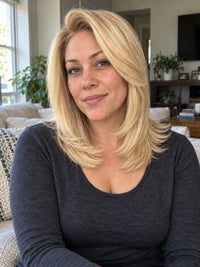 Shoulder-length blonde wig with side part, worn by a woman in an indoor setting