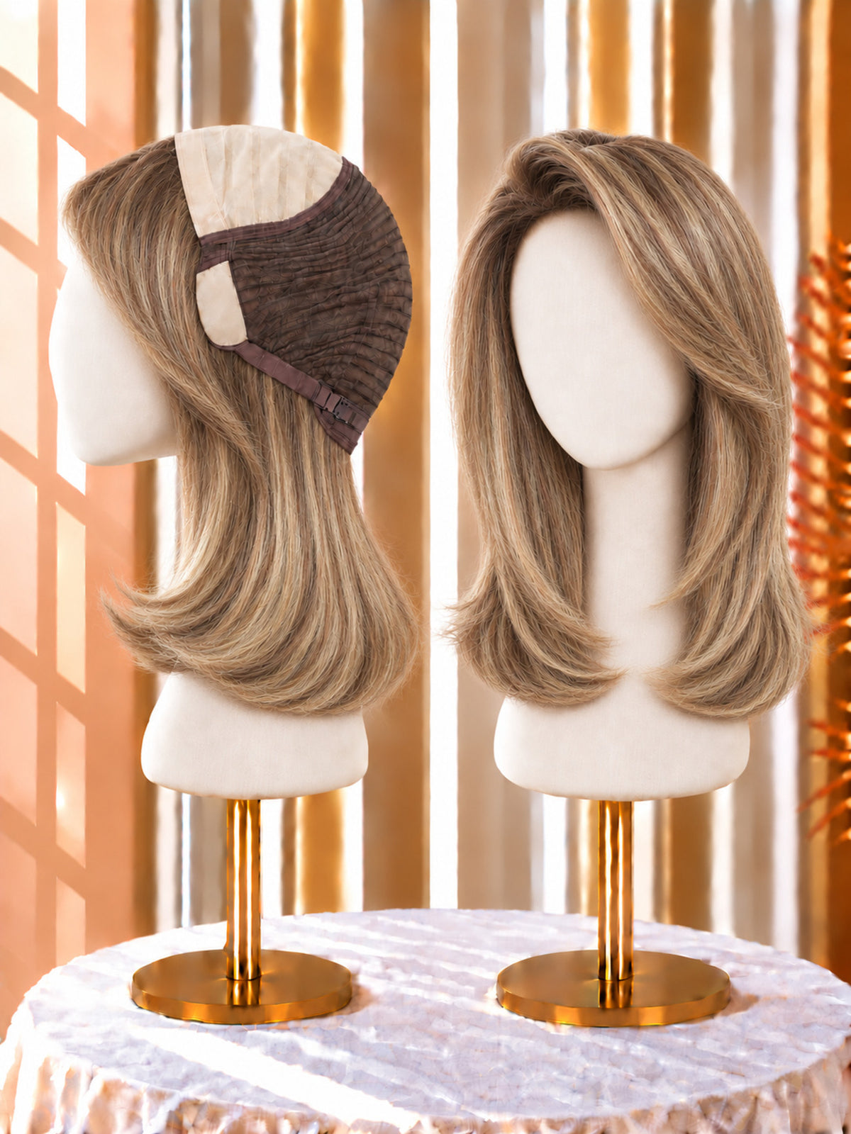 Warm blonde wig with darker roots, shoulder-length layers, side-parted on a mannequin head