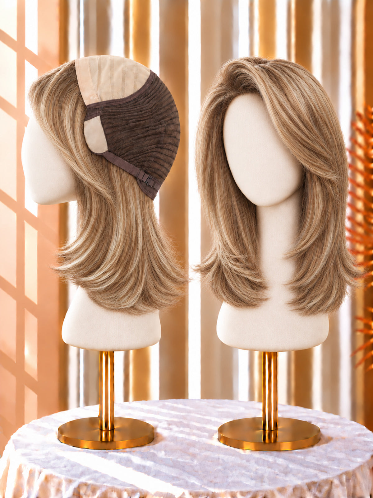 Light blonde wig with dark roots, shoulder-length layers, side-parted on a mannequin head