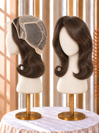 Dark brown bob wig with lace front cap on a mannequin, silky wavy layers