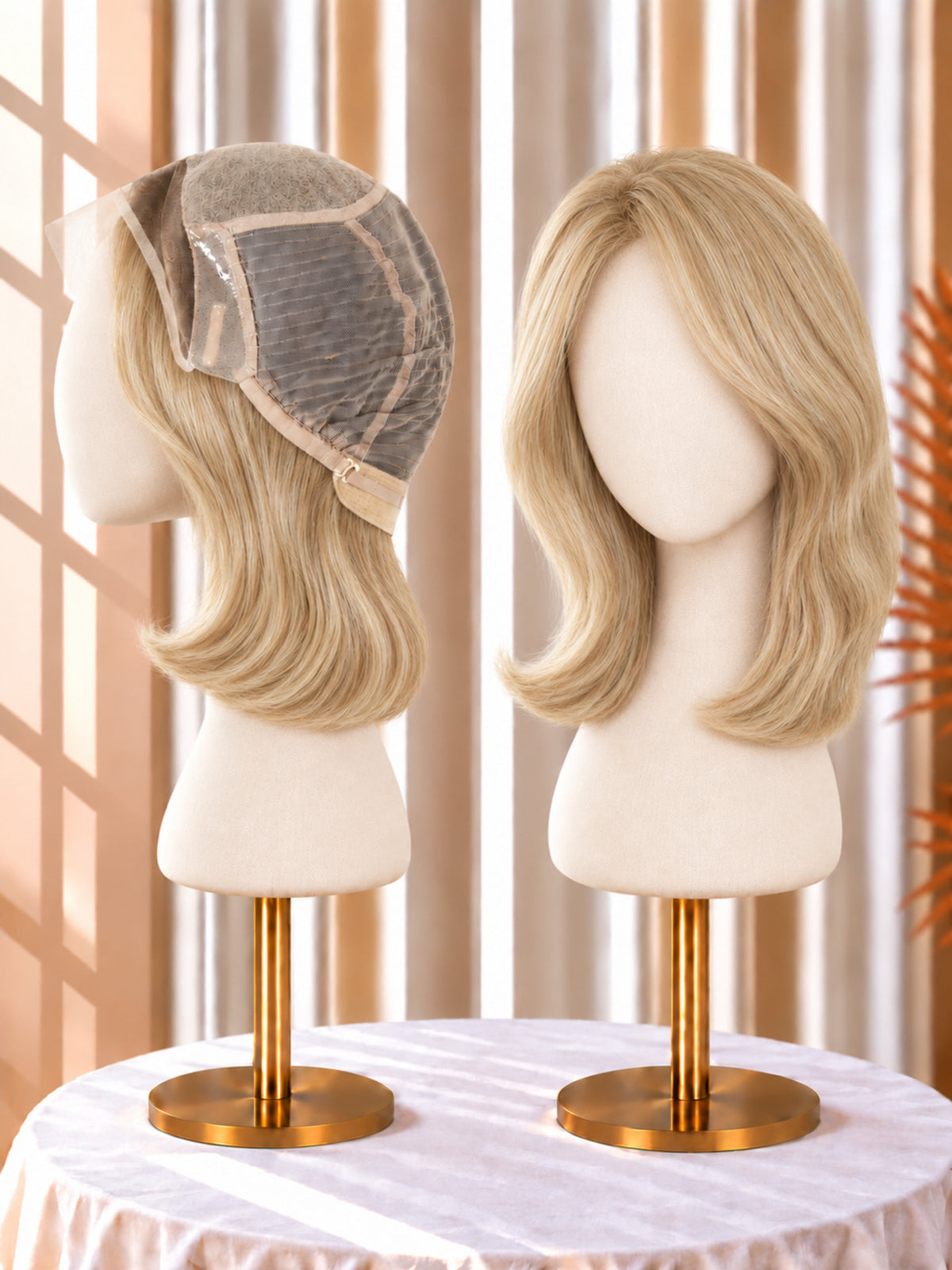 Golden blonde bob wig with lace front cap, smooth wavy layers on mannequin head