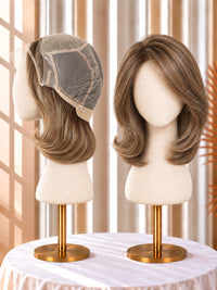 Chestnut brown bob wig with lace front cap, natural wavy layers on mannequin head