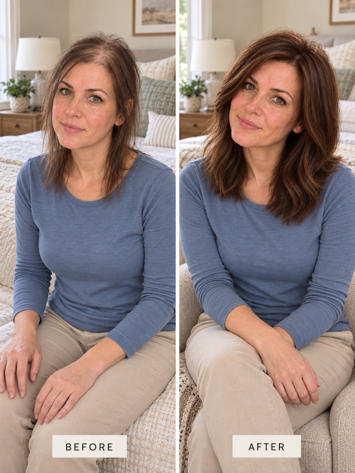 Chestnut brown wig style comparison on mannequin: side views with natural hairline