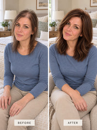Chestnut brown wig style comparison on mannequin: side views with natural hairline