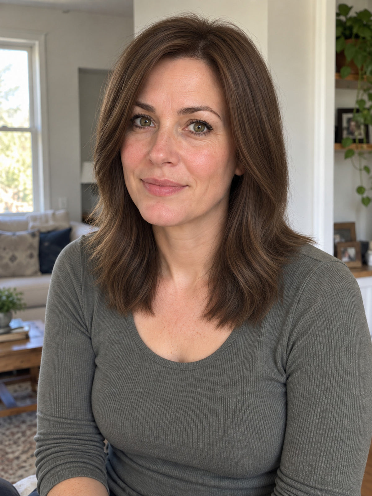 Chestnut brown sheitel wig with straight bob-length hair and center part