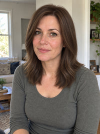 Chestnut brown sheitel wig with straight bob-length hair and center part