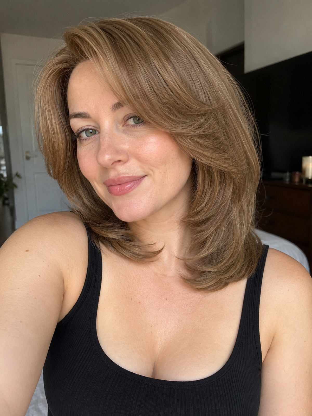 Brown wig with short layered bob style and silk scalp cover, side part with volume