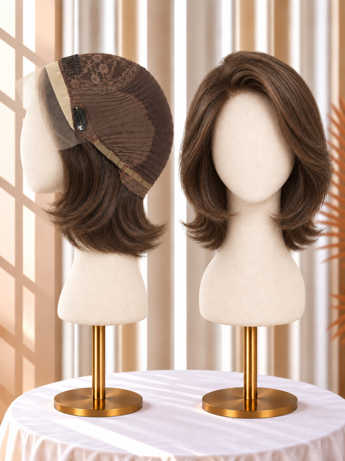 Chestnut brown lace-front wig on mannequin, front and side view