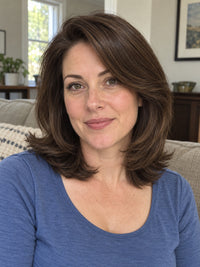 Dark brown shoulder-length wig on model, wavy layered hairstyle