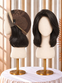 Dark brown lace-front wig on mannequin, side view with short layered curls