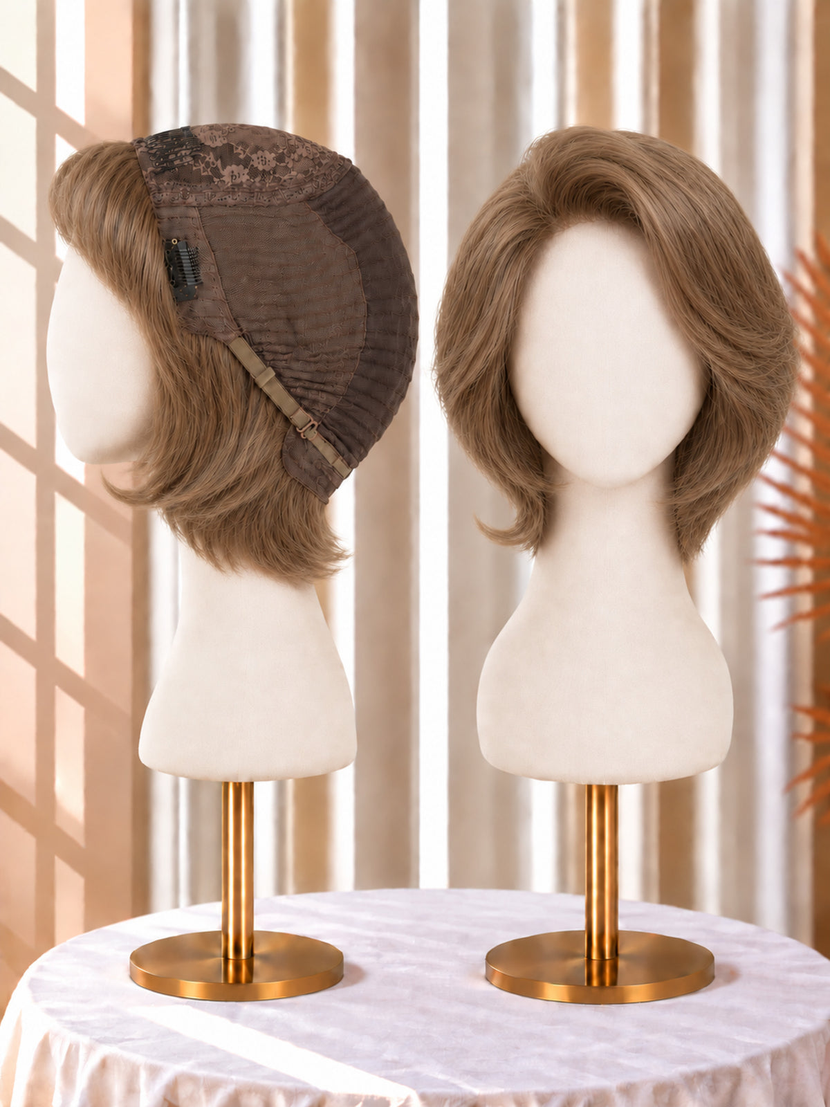 Dark brown short wig with floral net cap, side and front on mannequin