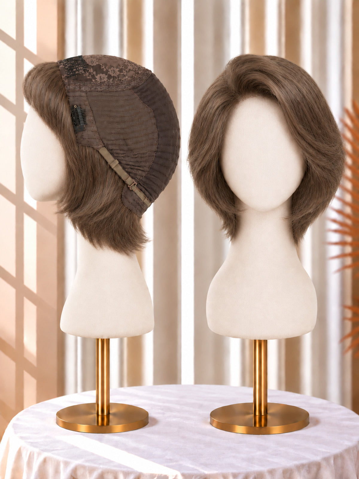 Dark brown bob wig with floral net cap, side and front on mannequin