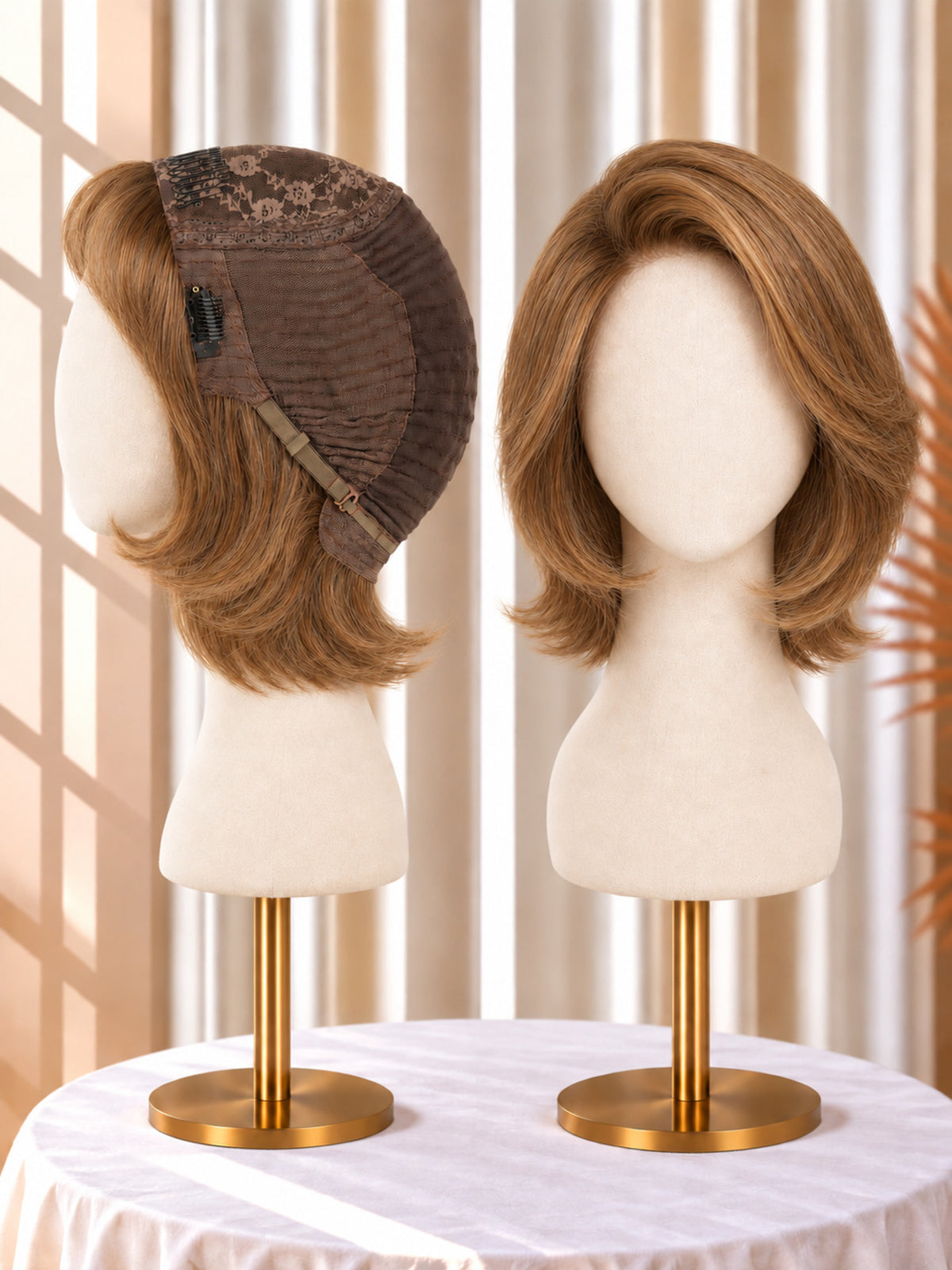 Light brown bob wig with flower net-style cover on top, side part, short length