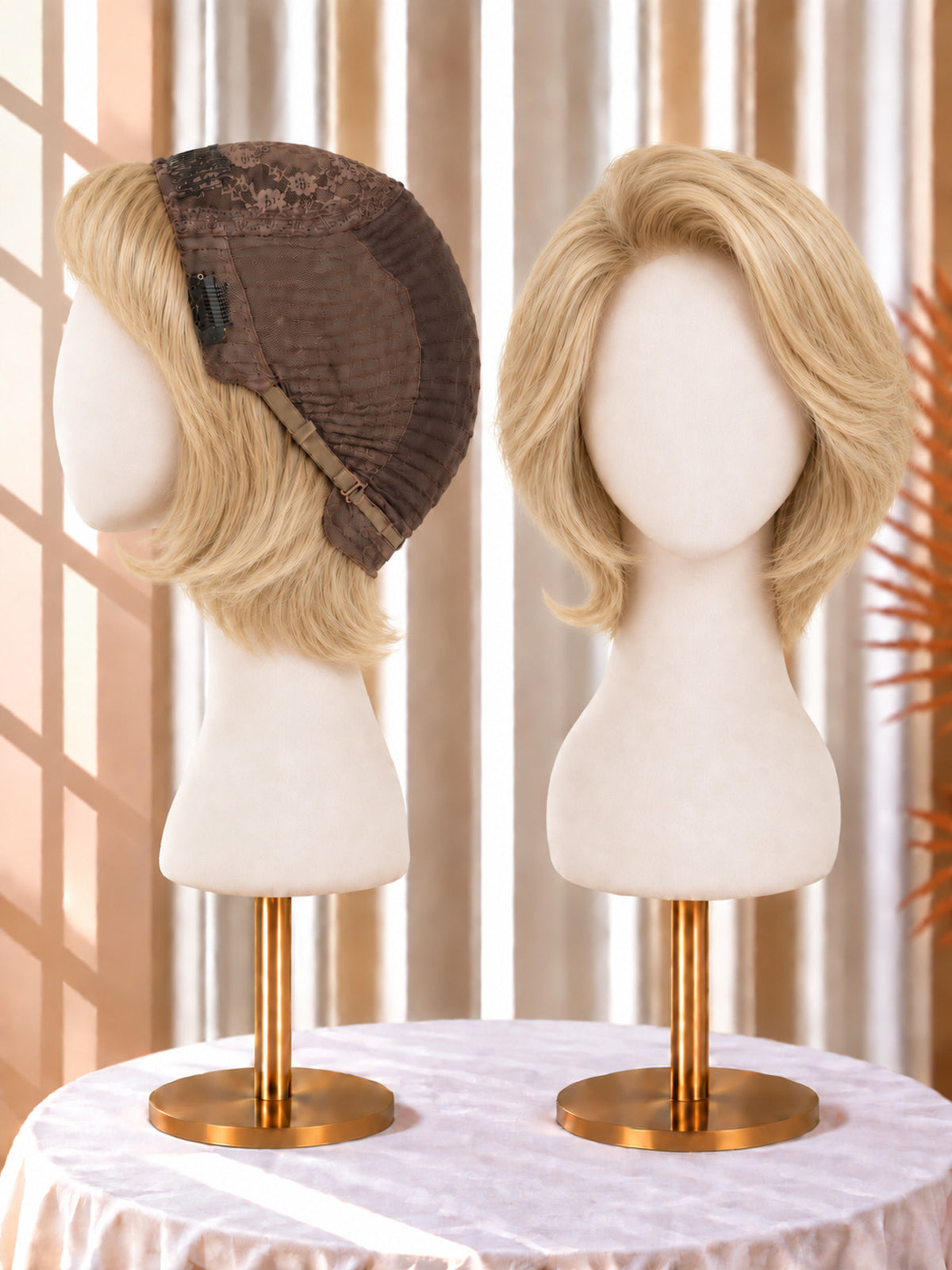 Medium brown short wig with floral net cap, angled side and front on mannequin