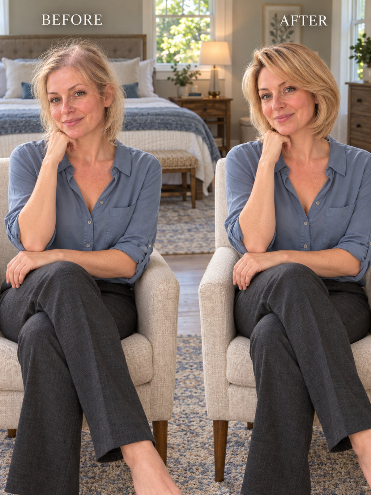 Honey blonde bob wig on model, seated in blue shirt and gray pants