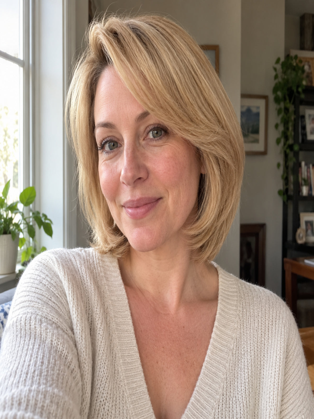Honey blonde bob wig on model, front view