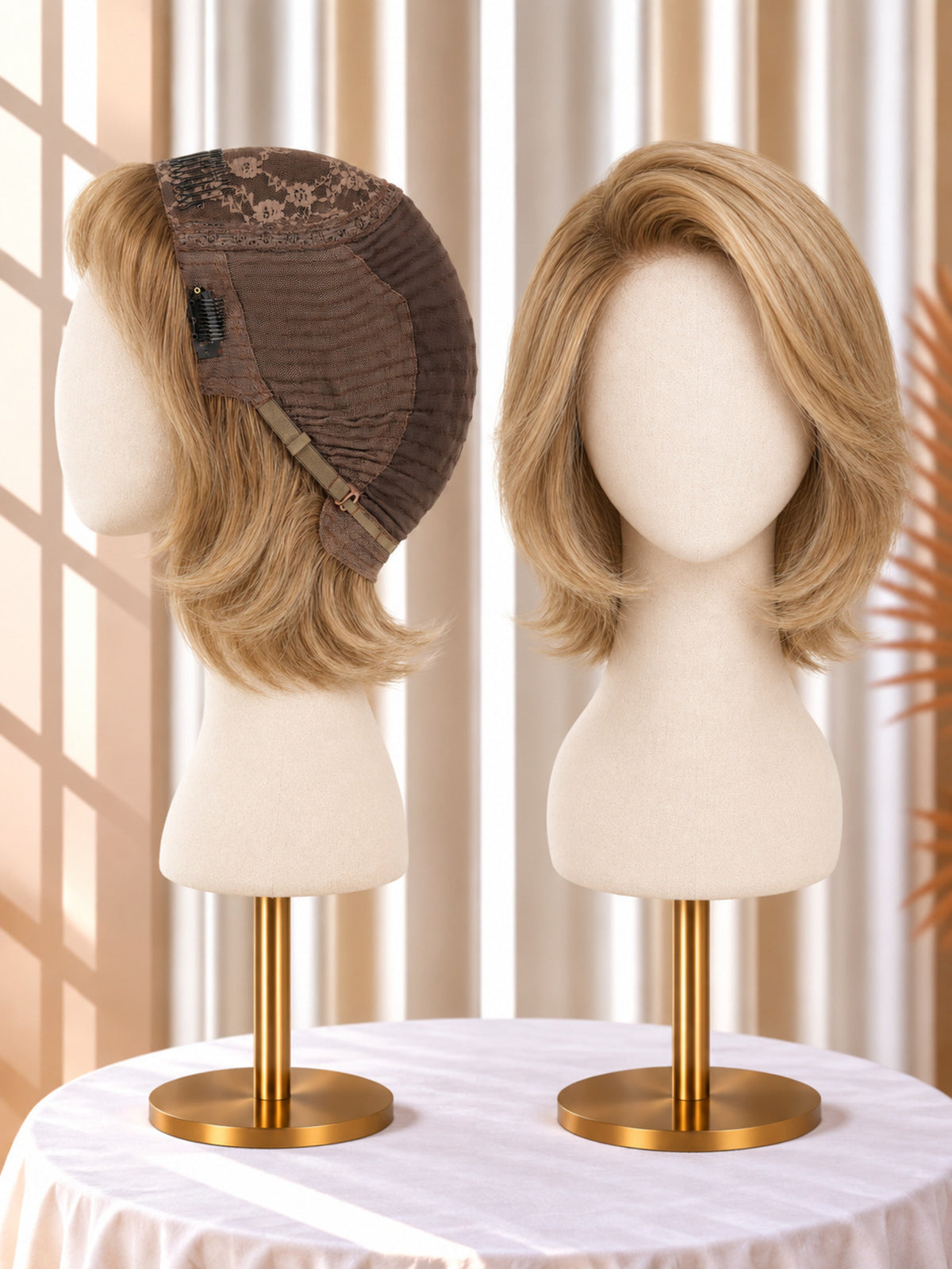 Honey blonde short wig with floral net cap, side and front on mannequin