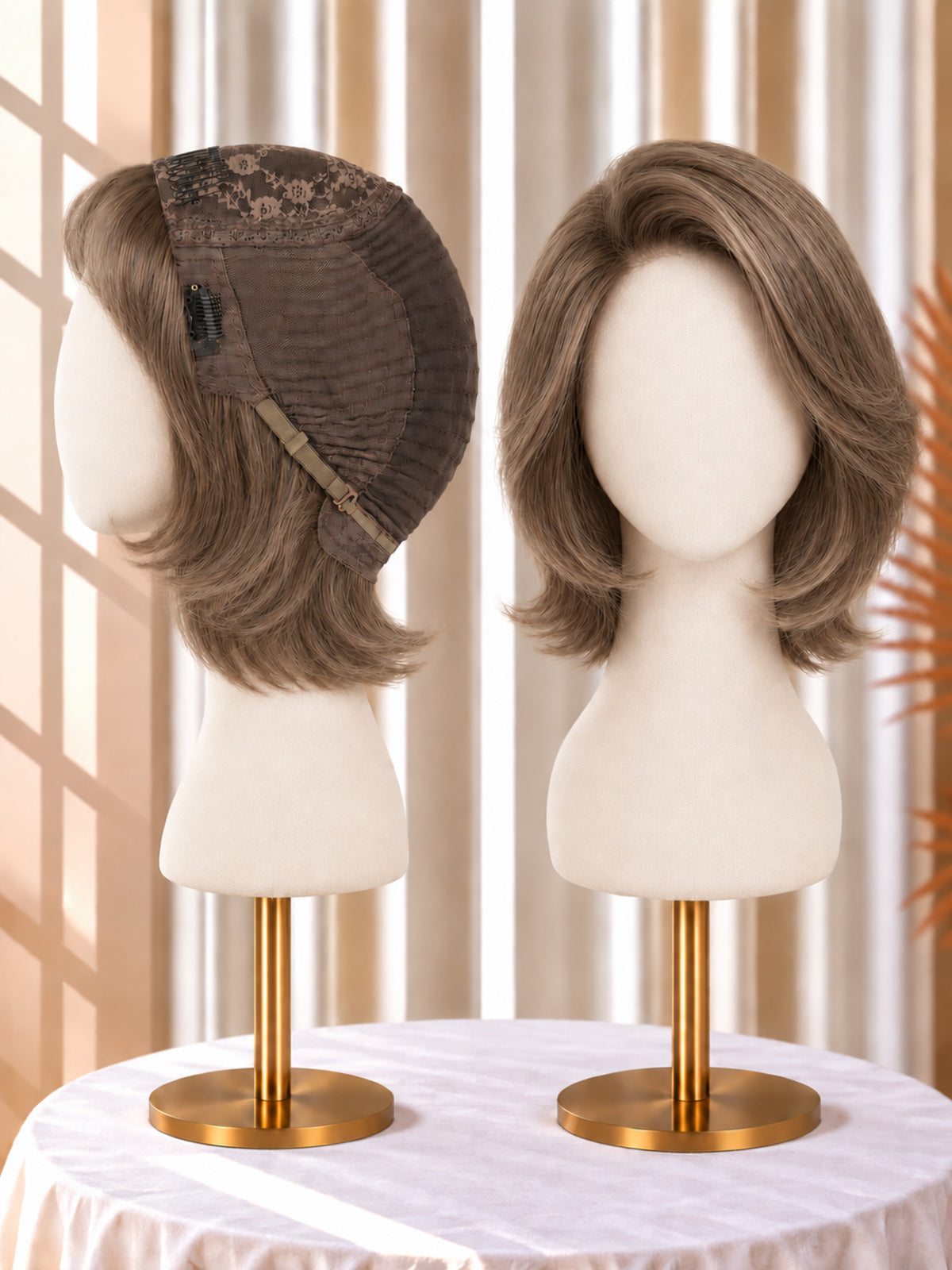Dark brown short wig with floral net cap, side and front on mannequin