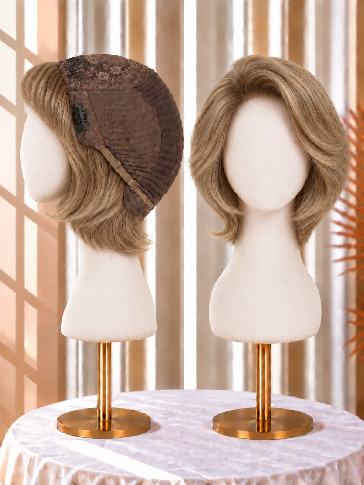 Medium brown short wig with floral net cap, side and front on mannequin