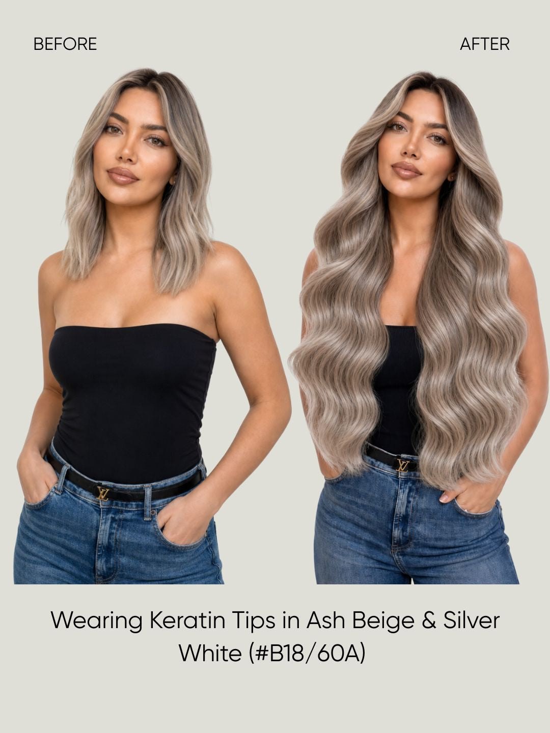 K-Tip Extensions Rooted Silver Blonde B18-60A before and after