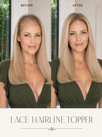 Lace hairline topper worn by model, before-and-after with blonde hair