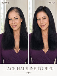 Lace hairline topper before-and-after with dark black hair, model wearing it