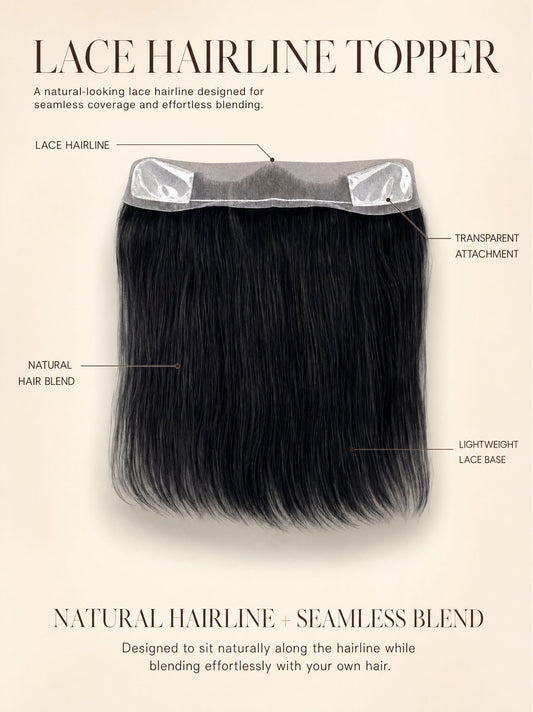 Lace hairline topper with lace base and transparent attachment, dark black hair