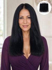 Lace hairline topper with blunt bob length, dark black hair on a model