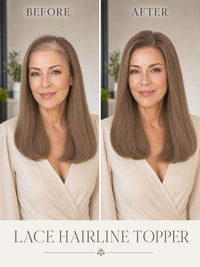 Lace hairline topper, before-and-after style with natural brown hair on a model