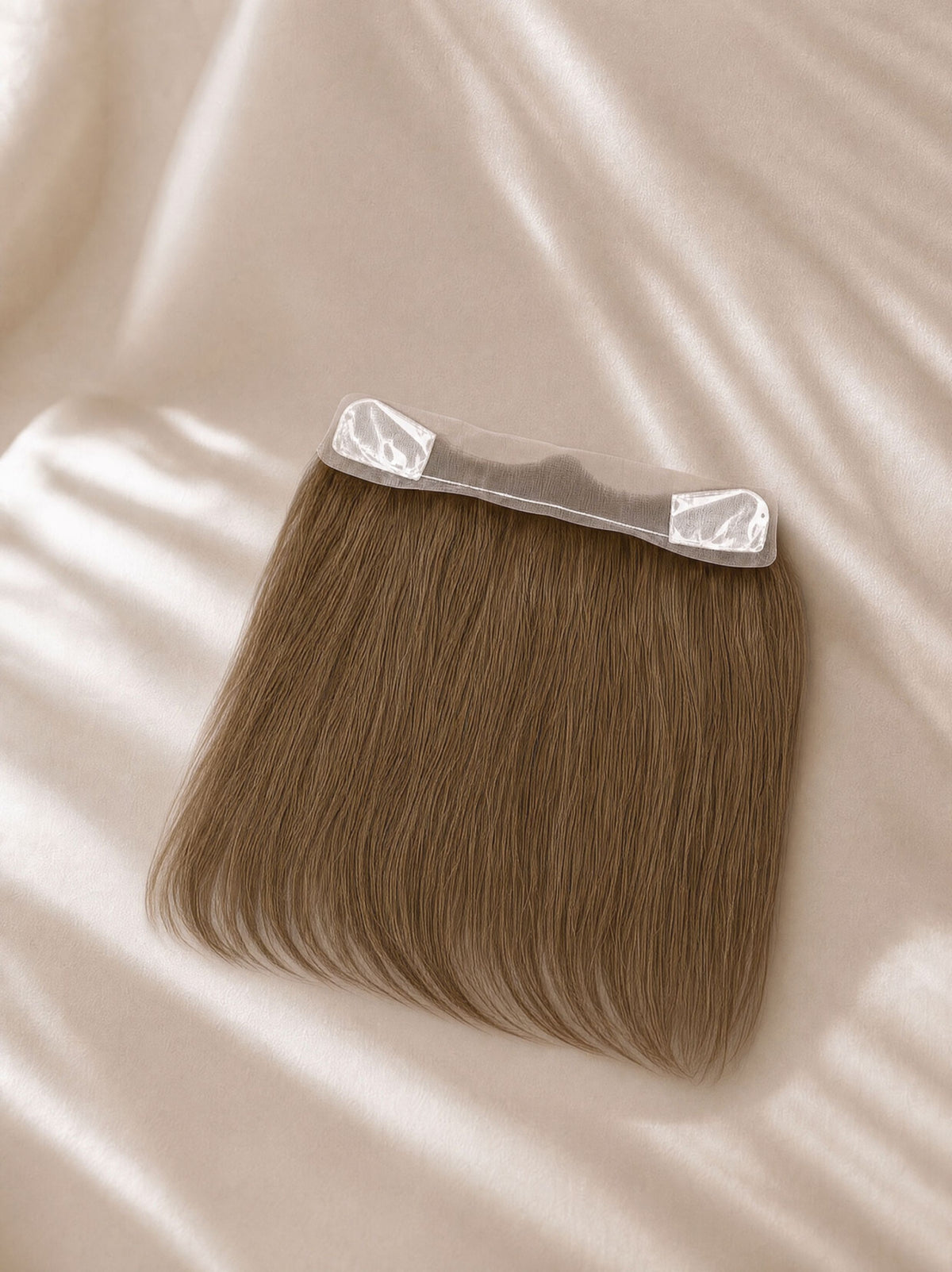 Lace hairline topper with lace base and clear attachment strip, straight light brown hair