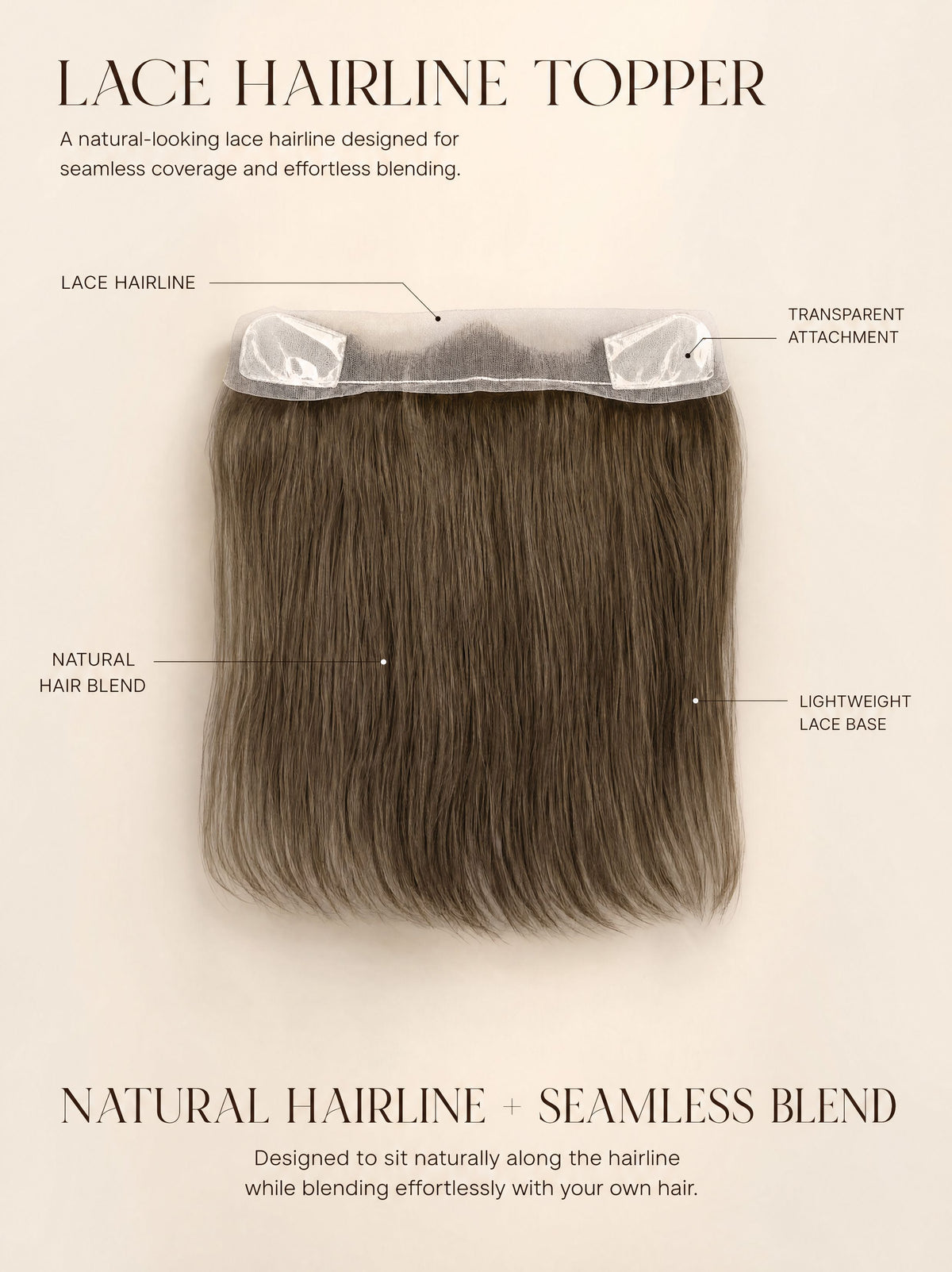 Lace hairline topper with lace base and transparent attachment, natural brown hair