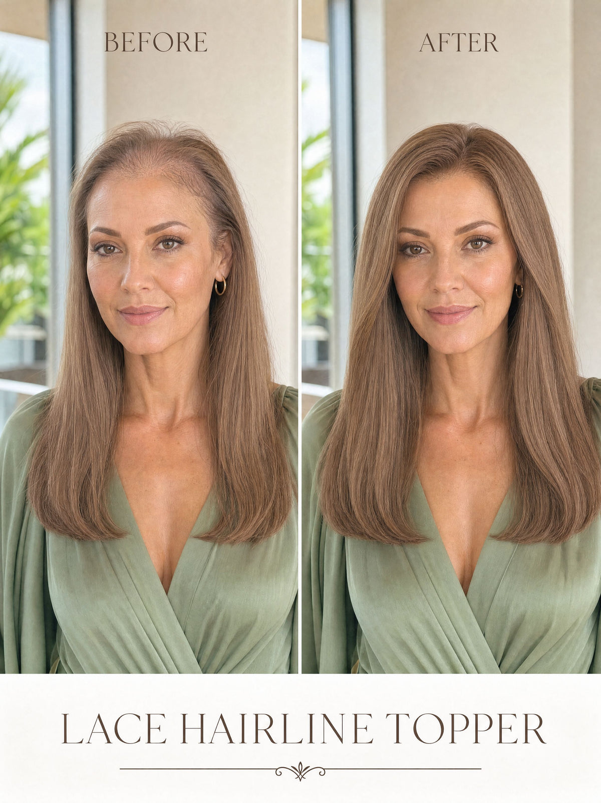 Lace hairline topper result on model, fuller medium brown hair with seamless blend