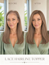 Lace hairline topper result on model, fuller medium brown hair with seamless blend
