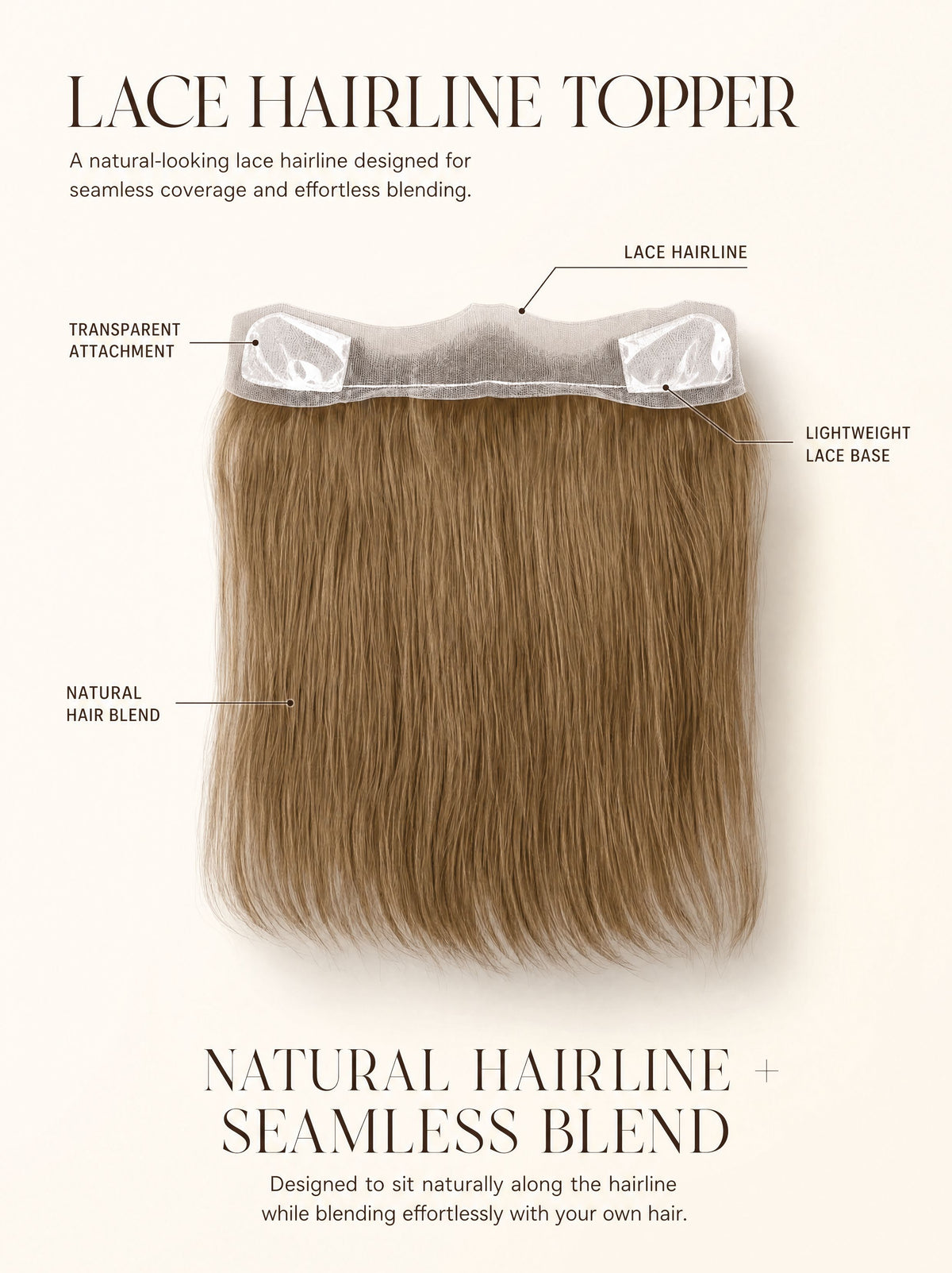 Lace hairline topper featuring a transparent lace base and medium brown hair