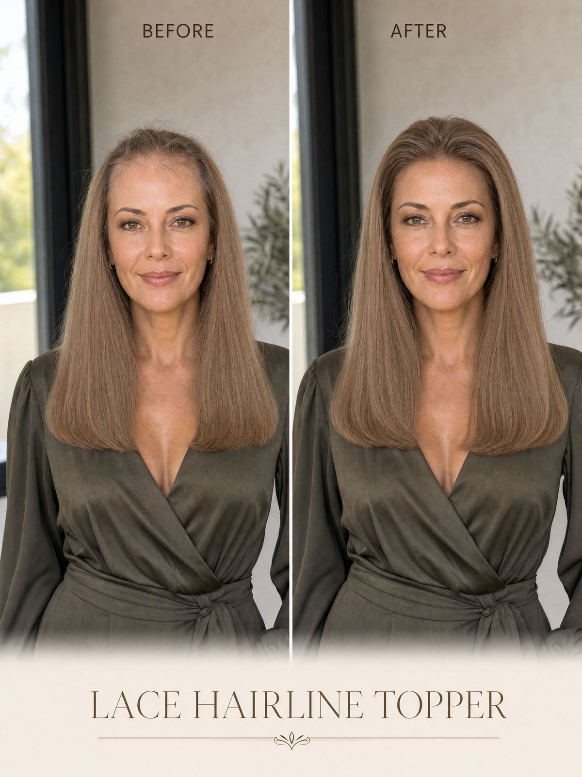 Medium-brown lace hairline topper worn, smooth natural-looking front hairline
