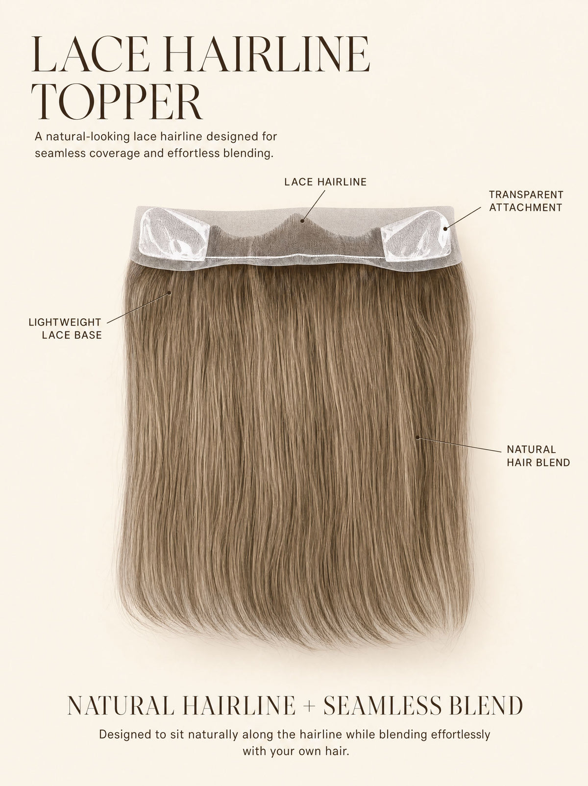 Lace hairline topper with lace base and clear attachment strip, light blonde hair