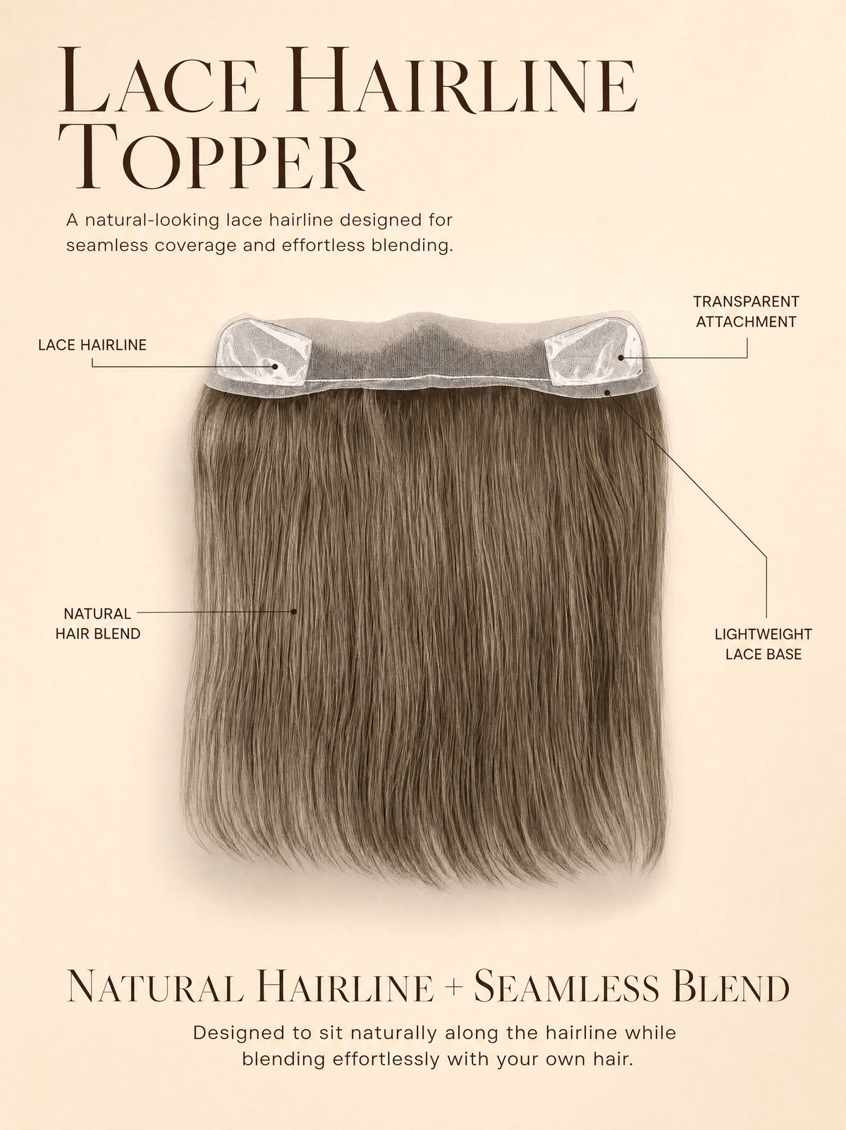 Lace hairline topper with transparent attachment points and lightweight lace base