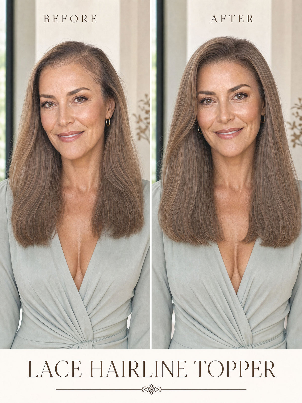 Lace hairline topper worn by model, smooth light brown bob-length hair