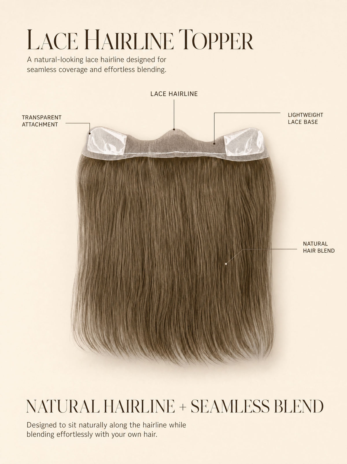 Lace hairline topper showing transparent lace base and natural-looking medium brown hair