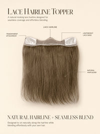 Lace hairline topper showing transparent lace base and natural-looking medium brown hair