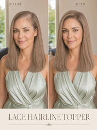 Lace hairline topper worn for fuller coverage with blended medium-brown hair